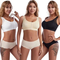 Three women model front-closure, wire-free sports bras in white, beige, and black.