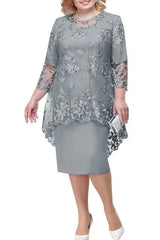 A gray midi-length dress featuring a round neckline, three-quarter sleeves, and floral lace overlay.