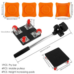 A furniture moving kit with a pry bar, four mobile pulley rollers, and four heightening pads.