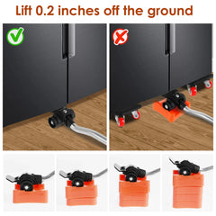 A furniture lifter tool and roller set shown lifting a refrigerator with heightening pads.