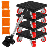 A furniture moving kit with a metal lifter, four black square dollies, and four orange risers.