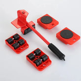 A red furniture moving set featuring a lifting pry bar and four wheeled corner dollies.