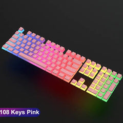 A pink 108-key mechanical keyboard set with translucent sides for RGB lighting.