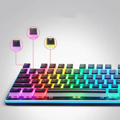 A black mechanical keyboard with translucent pudding keycaps and vibrant RGB backlighting.