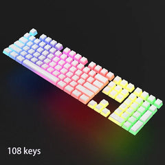 A white 108-key mechanical keyboard with translucent pudding keycaps and rainbow backlighting.