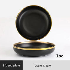 A round black ceramic deep plate with a gold rim, measuring 20 centimeters by 4 centimeters.