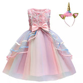 Girls Unicorn Pink Dress Girl Rainbow Layered Dresses For Bithday Party Flower Girl Bow Ball Gown Kid Fluffy Clothes For Wedding - SHOWLU FASHION STORE