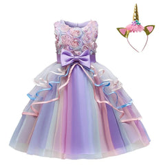 Girls Unicorn Pink Dress Girl Rainbow Layered Dresses For Bithday Party Flower Girl Bow Ball Gown Kid Fluffy Clothes For Wedding - SHOWLU FASHION STORE