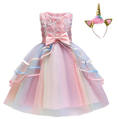 Girls Unicorn Pink Dress Girl Rainbow Layered Dresses For Bithday Party Flower Girl Bow Ball Gown Kid Fluffy Clothes For Wedding - SHOWLU FASHION STORE