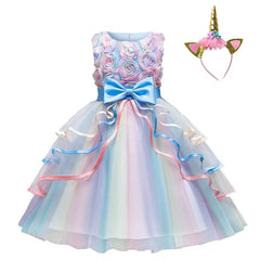 Girls Unicorn Pink Dress Girl Rainbow Layered Dresses For Bithday Party Flower Girl Bow Ball Gown Kid Fluffy Clothes For Wedding - SHOWLU FASHION STORE