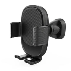 A black gravity car phone holder with an adjustable air vent mount and textured side grips.