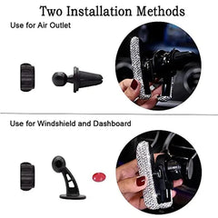 A glittery rhinestone car phone holder shown with air vent and dashboard mounting attachments.