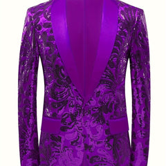 A purple men's sequin blazer featuring a floral pattern and a solid purple shawl collar.