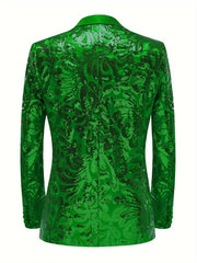 A green sequin blazer with a shawl collar and a floral pattern, shown from the back.