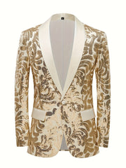 A gold sequin blazer with a cream shawl collar and floral pattern.