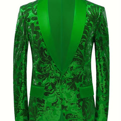 A vibrant green men's sequin blazer featuring a matching green shawl collar and floral pattern.