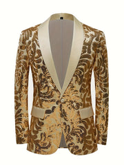 A gold sequin blazer for men featuring a satin shawl collar and a floral pattern.