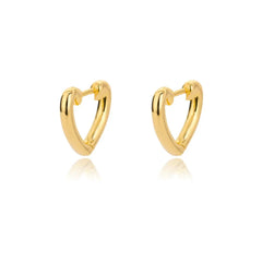 A pair of gold-colored stainless steel heart-shaped hoop earrings.