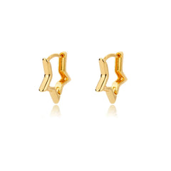 A pair of gold-colored stainless steel hoop earrings shaped like stars.