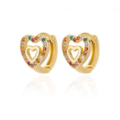 A pair of gold-tone heart-shaped hoop earrings featuring colorful zircon stones.