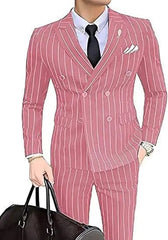 A man wears a pink double-breasted suit with white vertical stripes and a black tie.