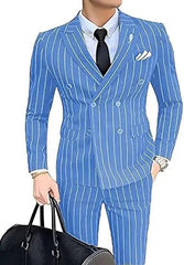 A man wears a blue double-breasted suit with white vertical stripes and a black tie.