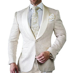 Groomsmen Ivory Pattern Groom Tuxedos Shawl Lapel Men Suits 2 Pieces Wedding Best Man Blazer ( Jacket+Pants+Tie ) C588 - SHOWLU FASHION STORE