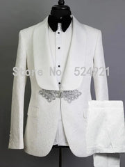 A white patterned two-piece men's tuxedo featuring a shawl satin lapel and decorative embroidery.