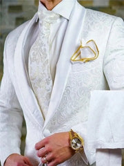 A white patterned two-piece groom suit featuring a shawl satin lapel, matching tie, and pocket square.