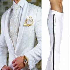 A white patterned two-piece groom suit featuring a shawl satin lapel jacket and pants with a stripe.