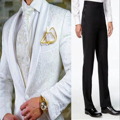 A two-piece white patterned tuxedo with a shawl lapel paired with black formal trousers.