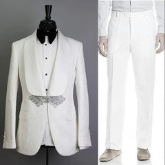 A white patterned two-piece men's tuxedo featuring a shawl satin lapel and decorative waist detail.