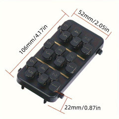 A black guitar chord learning device with numbered buttons and labeled dimensions.