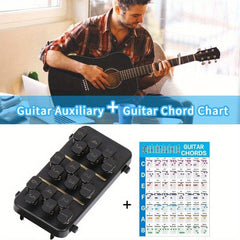 A guitar chord learning device with numbered buttons and an accompanying chord reference chart.
