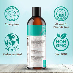 A bottle of GuruNanda oil pulling rinse surrounded by icons highlighting its natural features.