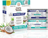 GuruNanda teeth whitening strips box with 32 strips and two individual treatment packets.