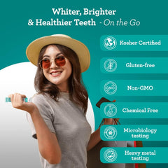 A woman holds a GuruNanda coconut oil pulling sachet next to a list of product certifications.