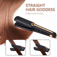 A black and rose gold tourmaline ceramic hair straightener shown with a section of brown hair.