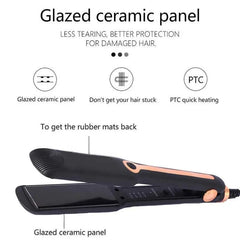 A black hair straightener with rose gold accents and glazed ceramic heating plates.