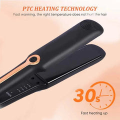 A black hair straightener with a rose gold accent and a digital temperature display.