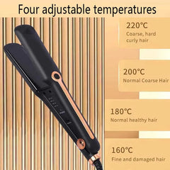 A black and rose gold hair straightener is shown next to a list of four adjustable temperatures.