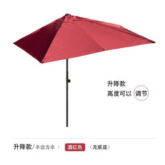 A wine red half-square outdoor parasol with an adjustable height pole and no base.