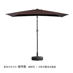 A brown half-square outdoor umbrella with a hand-crank mechanism and a 28-liter water-filled base.
