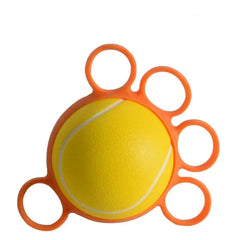 A yellow foam ball attached to an orange silicone finger exerciser with five finger loops.