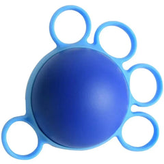A blue hand therapy grip strengthener ball with five attached finger loops.
