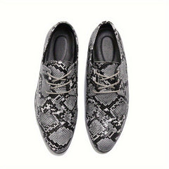 A pair of gray and black snake pattern embossed lace-up oxford shoes with a pointed toe.