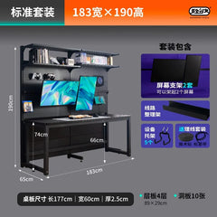 A black metal gaming desk with an integrated pegboard back panel, overhead shelving, and dual monitor mounts.