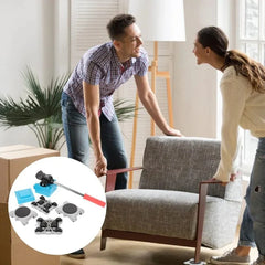 A furniture moving kit featuring a red-handled lifter and four wheeled corner rollers.