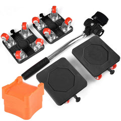 A furniture moving kit featuring a metal pry bar, four wheeled corner dollies, and orange risers.