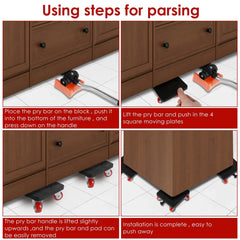 A four-step guide showing how to use a furniture lifter and roller set to move heavy items.